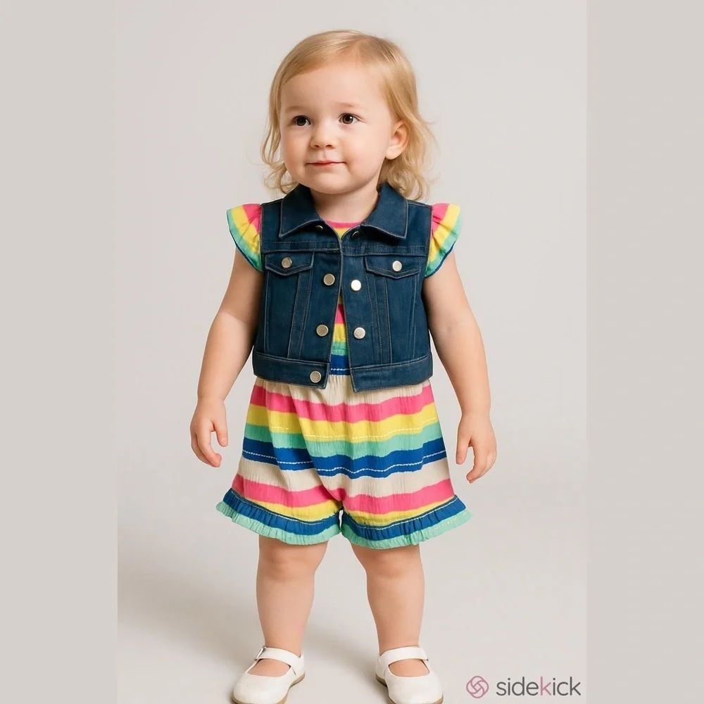 DELIAS Baby Girls Striped Romper Sleeveless Denim Vest Set Multicolor 2T NWT